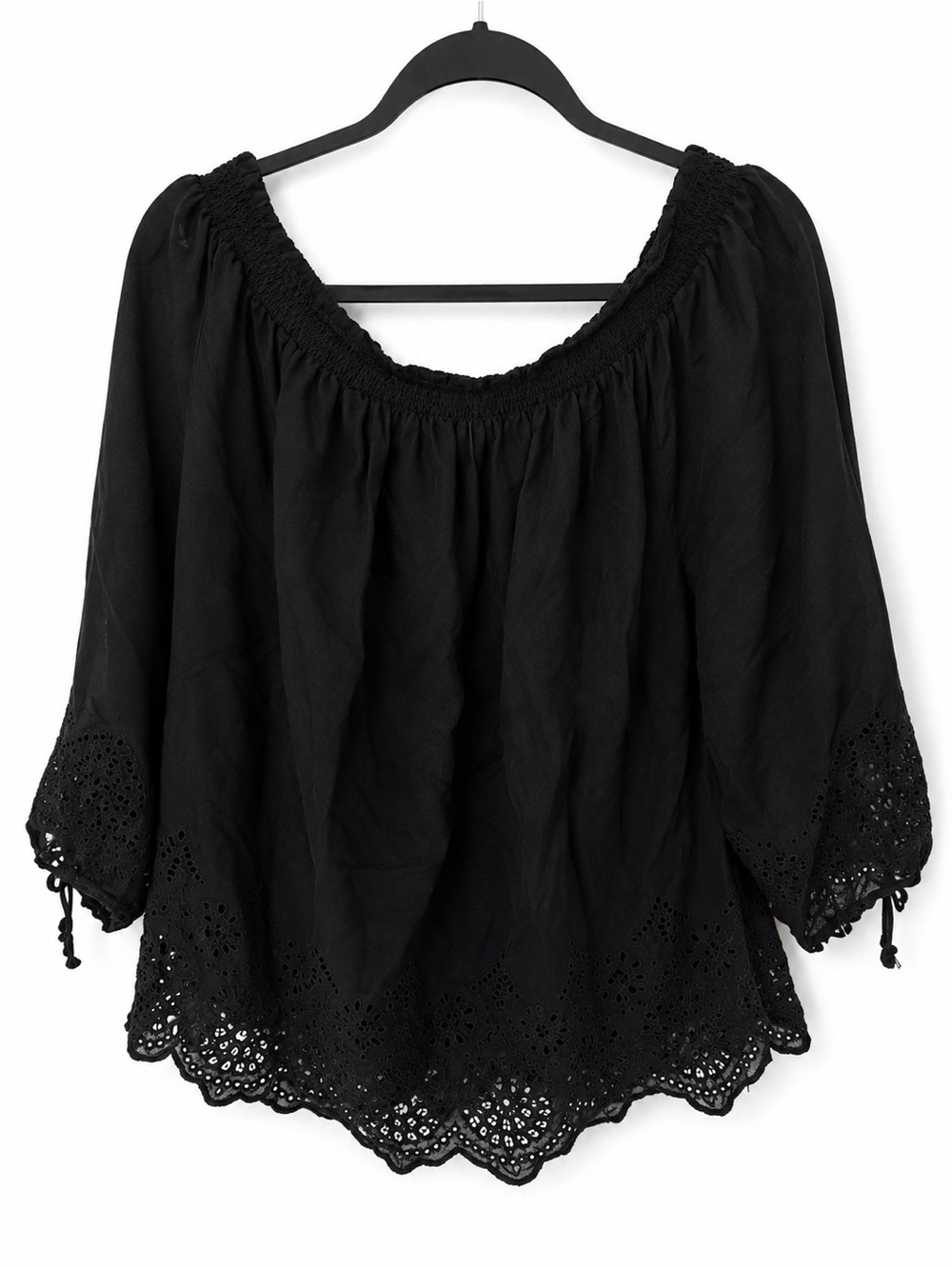 Lucky Brand Black Eyelet Peasant Blouse Boho Off Shoulder Cottagecore‎ Top M
